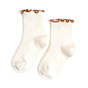 Little Stocking Co. Ribbed Lettuce Trim Midi Socks - Ivory/Sugar Almond
