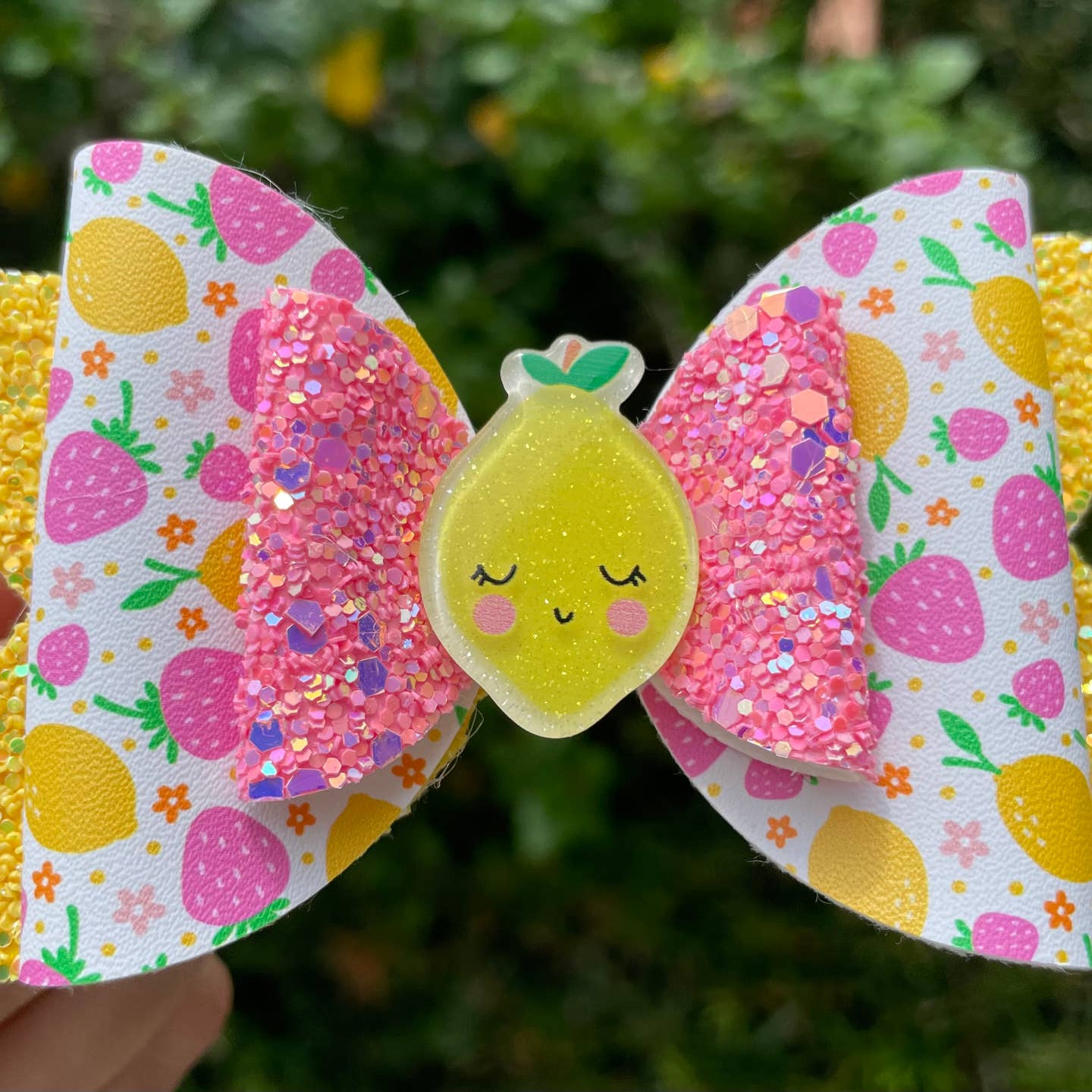 Four Little Lemons 4" Sparkly Yellow Lemon Vegan Leather Hair Bow