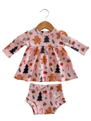 SpearmintLOVE Organic Waffle Simple Dress & Bloomer, Gingerbread Wonderland Blush