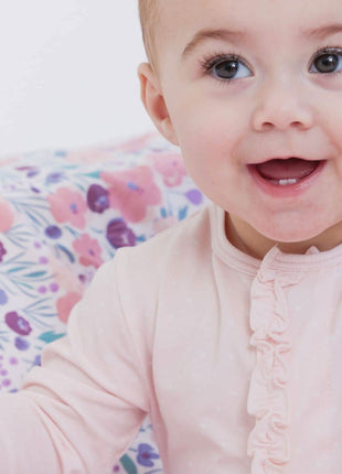 Model Wearing Magnetic Me Pin Dot Pink Modal Magnetic Footie with Ruffle