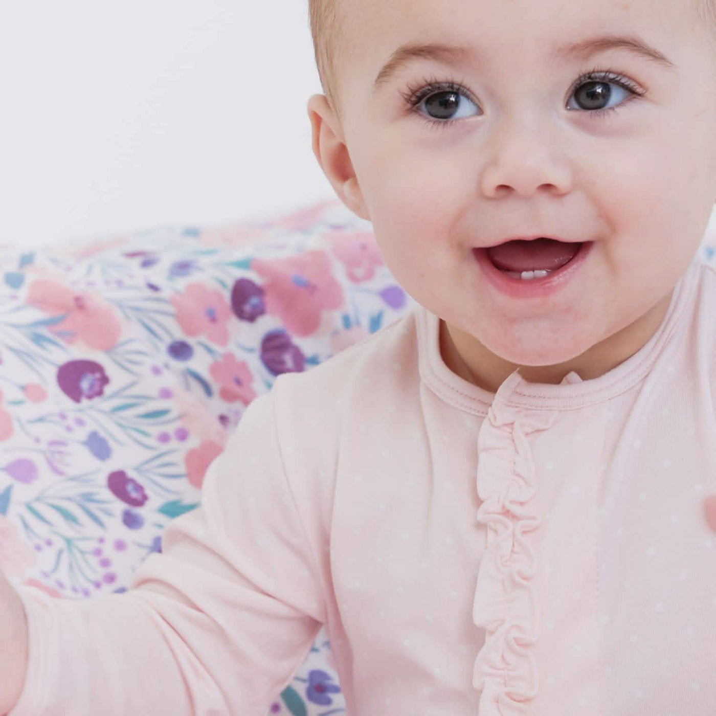 Model Wearing Magnetic Me Pin Dot Pink Modal Magnetic Footie with Ruffle