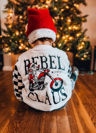 Model Wearing Ak Clothing Co. Rebel Without A Claus-Crewneck Kids
