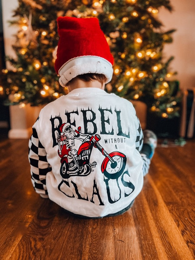 Model Wearing Ak Clothing Co. Rebel Without A Claus-Crewneck Kids