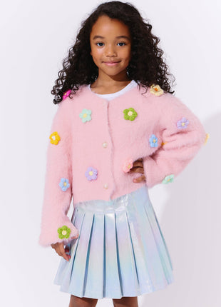 Model Wearing Lola And The Boys 3D Rainbow Daisy Cardigan