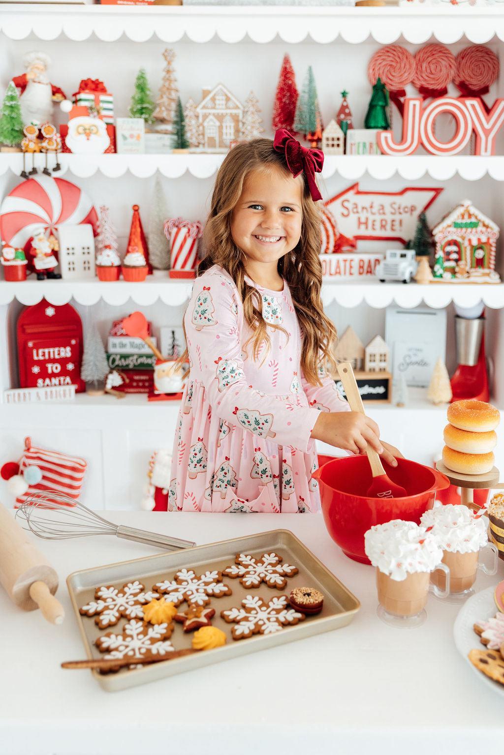 Model Wearing Mila & Rose Christmas Cookies L/S Pocket Twirl Dress