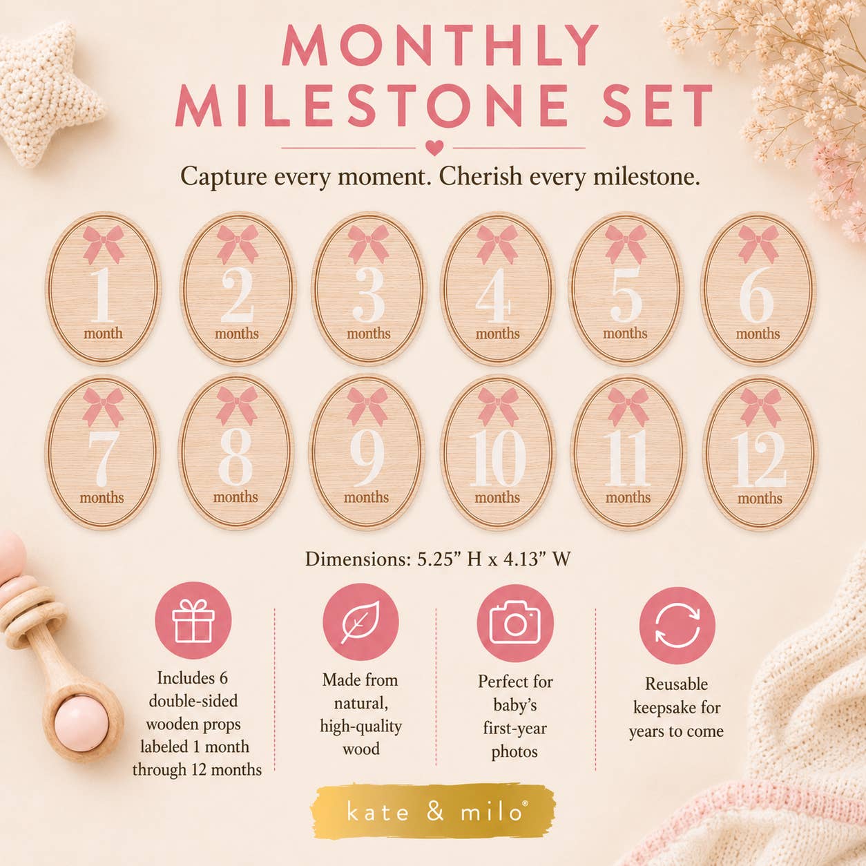 Kate & Milo Bow Wooden Monthly Milestone Photo Props Discs