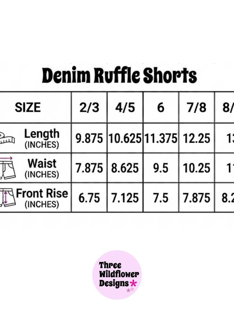Three Wildflower Designs Denim Ruffle Gem Shorts Size Chart