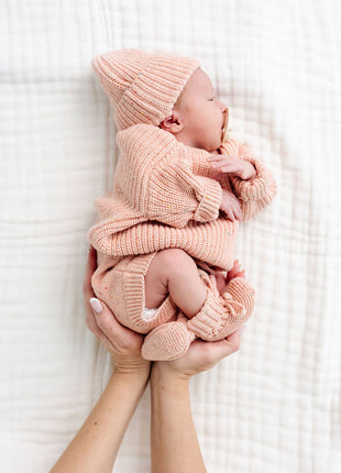 Model Wearing Lou Lou & Company Knit Booties - Petal Speckle