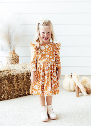 Model Wearing Mila & Rose Golden Blooms 3/4 Sleeve Ruffle Twirl Dress