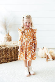 Model Wearing Mila & Rose Golden Blooms 3/4 Sleeve Ruffle Twirl Dress