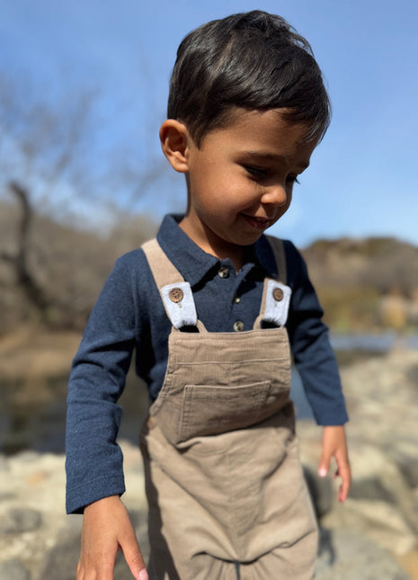 Model Wearing Me & Henry Seymour Navy Polo Onesie