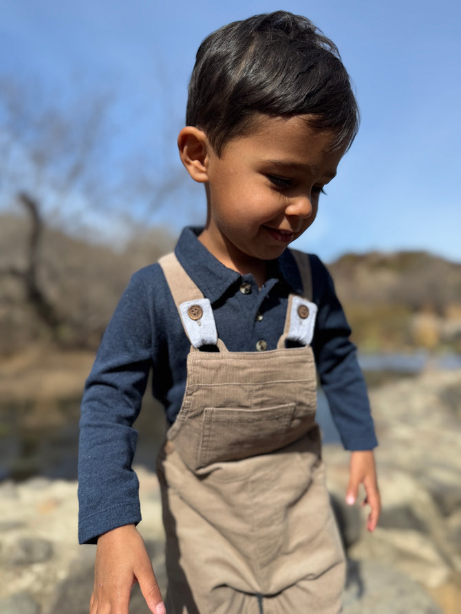 Model Wearing Me & Henry Seymour Navy Polo Onesie