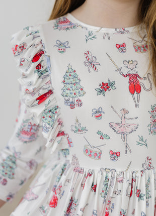 Model Wearing Mila & Rose Clara's Christmas 3/4 Sleeve Ruffle Twirl Dress Details