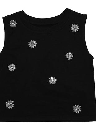 Mia New York Black Jeweled Flower Sweat Top