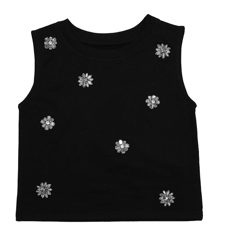 Mia New York Black Jeweled Flower Sweat Top