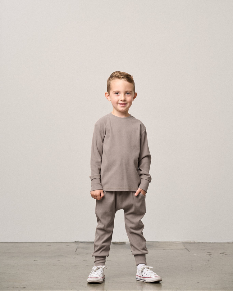 Model Wearing Little Bipsy Long Sleeve Ribbed Tee - Mushroom