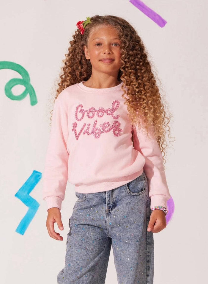 Model Wearing Lola And The Boys Sparkling Good Vibes Sweatshirt