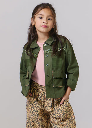 Model Wearing Pink Chicken Girls Wylie Jacket Four Leaf Clover