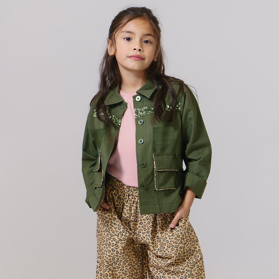 Model Wearing Pink Chicken Girls Wylie Jacket Four Leaf Clover