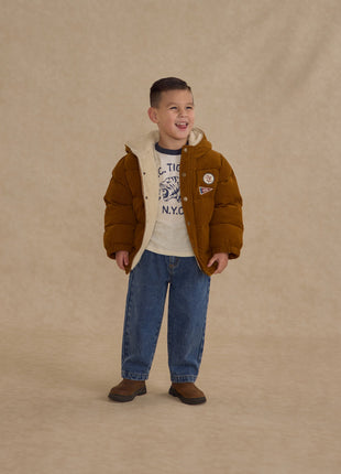 Model Wearing Rylee & Cru Cord Puffer Jacket || Golden