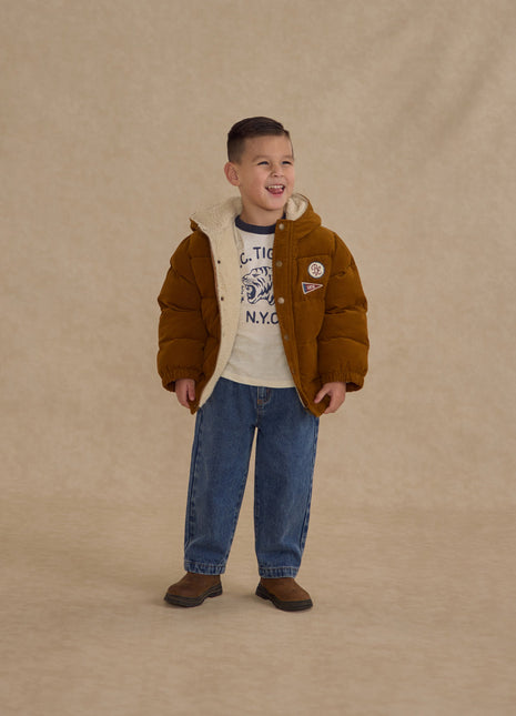 Model Wearing Rylee & Cru Cord Puffer Jacket || Golden