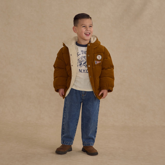 Model Wearing Rylee & Cru Cord Puffer Jacket || Golden
