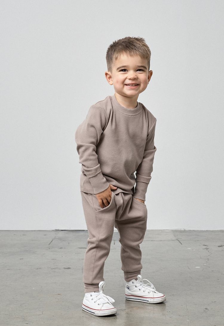 Model Wearing Little Bipsy Long Sleeve Ribbed Tee - Mushroom