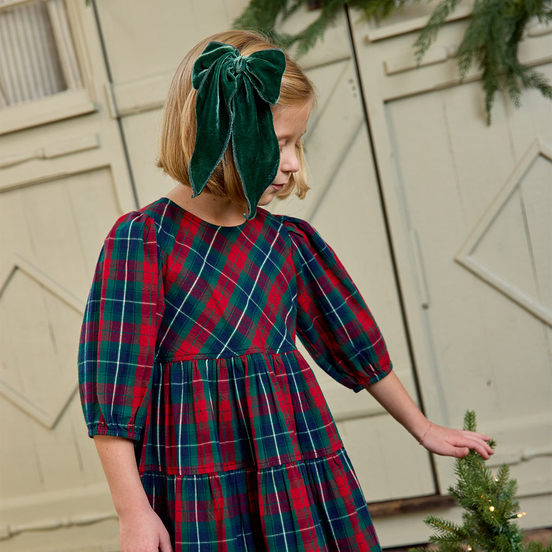Model Wearing Pink Chicken Girls Maribelle Dress - Red Tartan