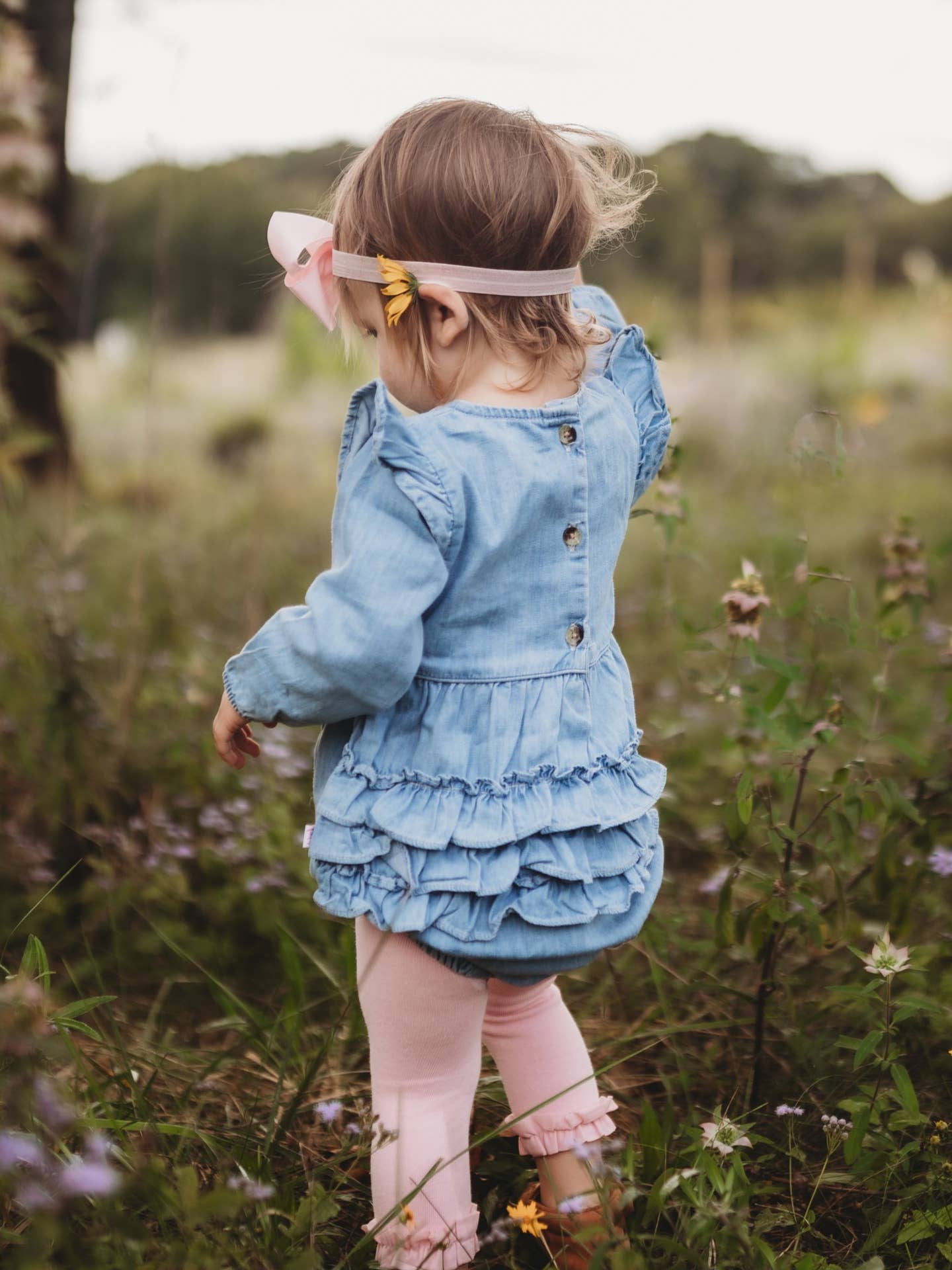Rufflebutts + Ruggedbutts Baby Girls Light Wash Denim Long Sleeve Flutter Bubble Romper