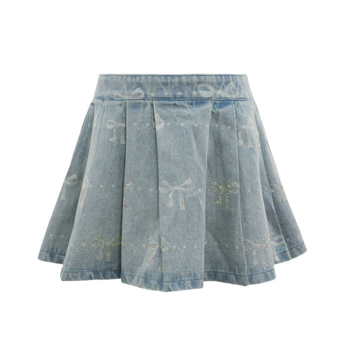 Lola And The Boys Sparkle Bows Denim Pleated Skirt Front
