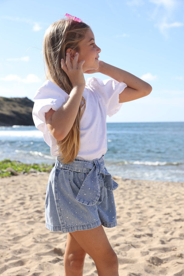 Model Wearing Lola And The Boys Sparkle Bow Denim Short