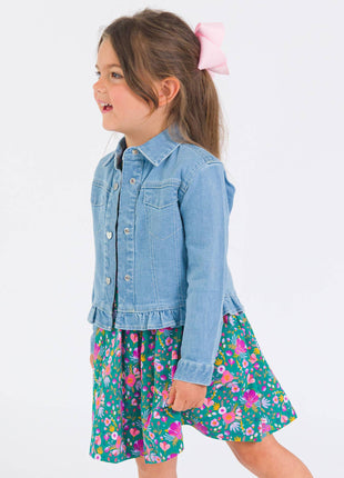 Model Wearing Rufflebutts & Ruggedbutts Girls Light Wash Denim Stretch Denim Ruffle Jean Jacket with Heart Buttons
