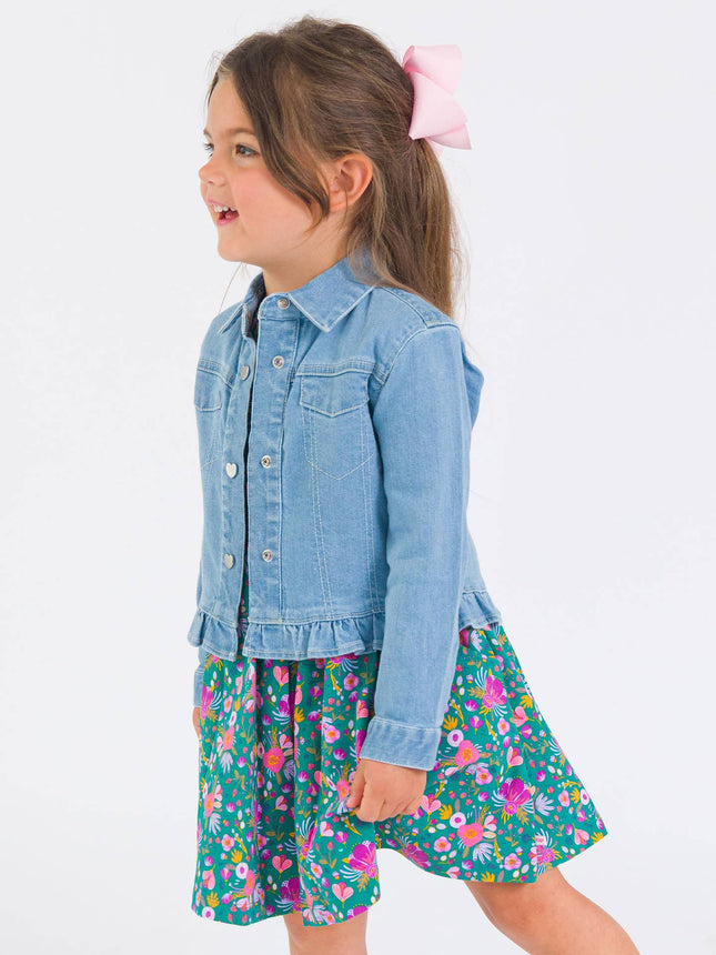 Model Wearing Rufflebutts & Ruggedbutts Girls Light Wash Denim Stretch Denim Ruffle Jean Jacket with Heart Buttons