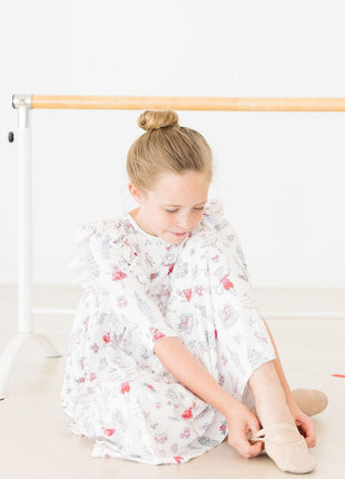 Model Wearing Mila & Rose Clara's Christmas 3/4 Sleeve Ruffle Twirl Dress