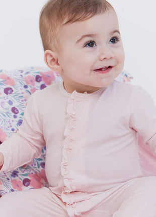 Model Wearing Magnetic Me Pin Dot Pink Modal Magnetic Footie with Ruffle