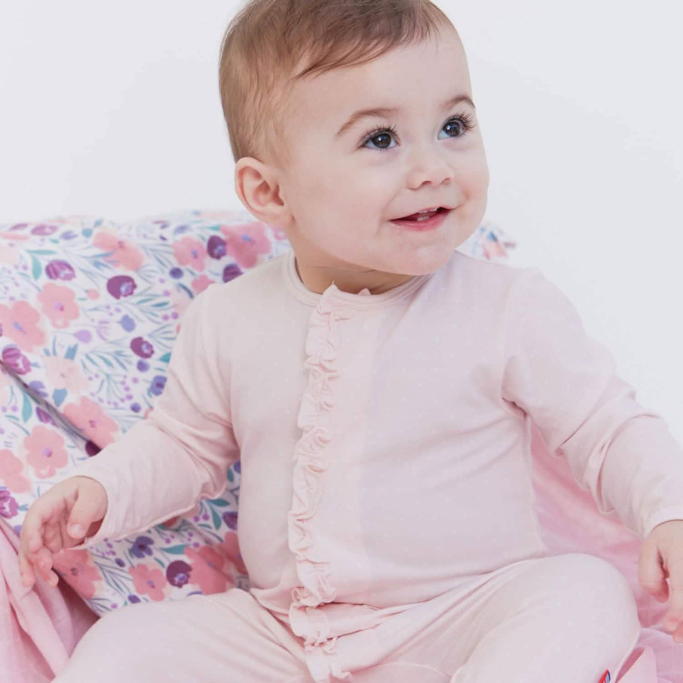 Model Wearing Magnetic Me Pin Dot Pink Modal Magnetic Footie with Ruffle