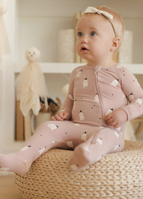 Model Wearing Quincy Mae Bamboo Zip Footie || Pink Ghosts