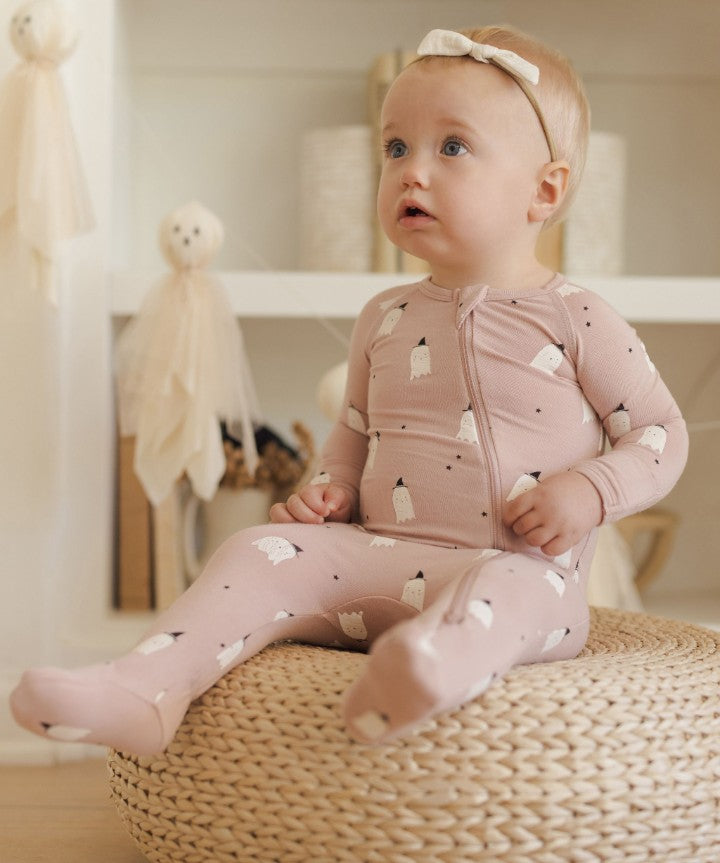 Model Wearing Quincy Mae Bamboo Zip Footie || Pink Ghosts