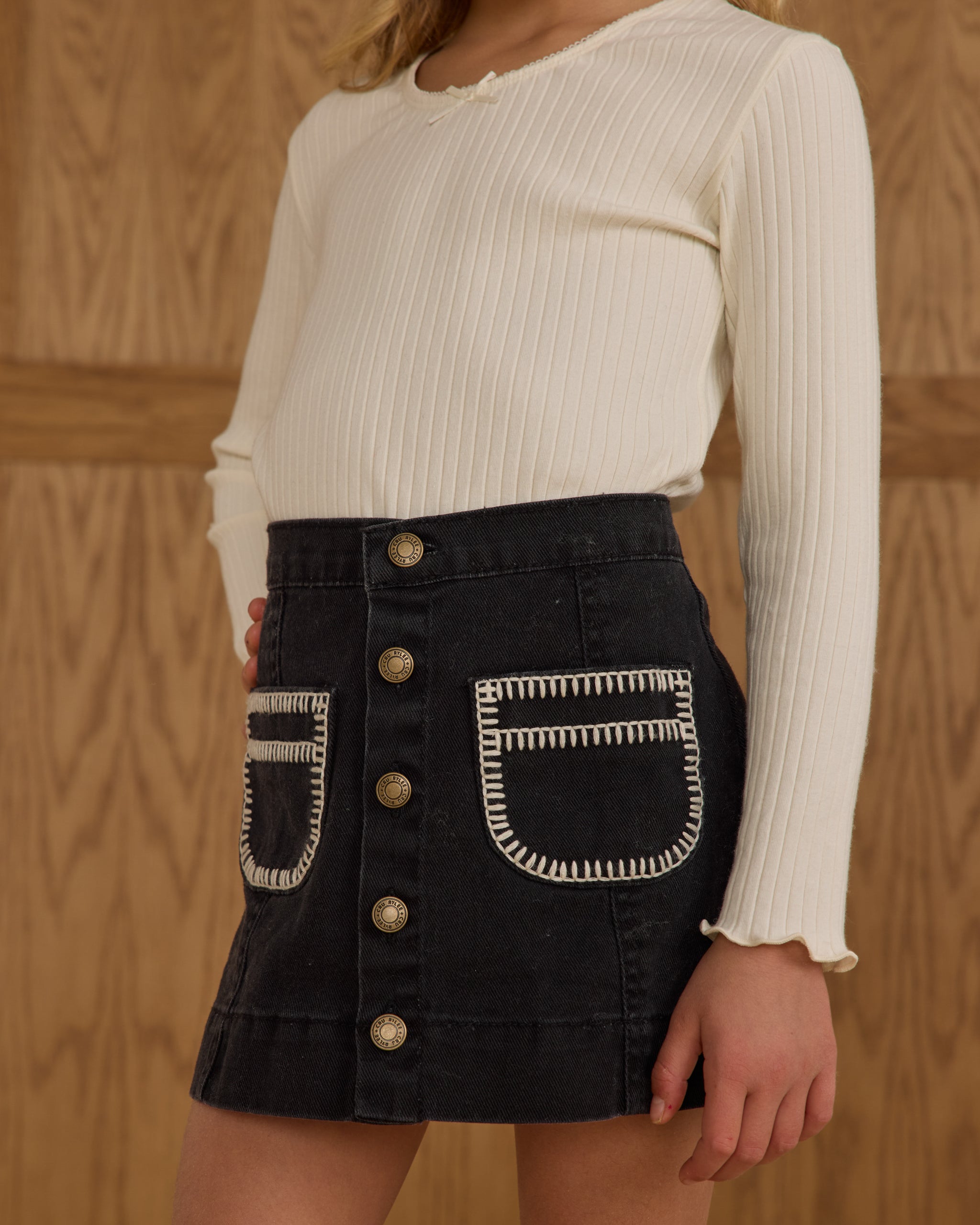 Model Wearing Rylee + Cru Denver Mini Skirt || Washed Black