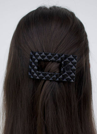Model Wearing Teleties Flat Rectangle Hair Clip | Small | Jet Black Quilted