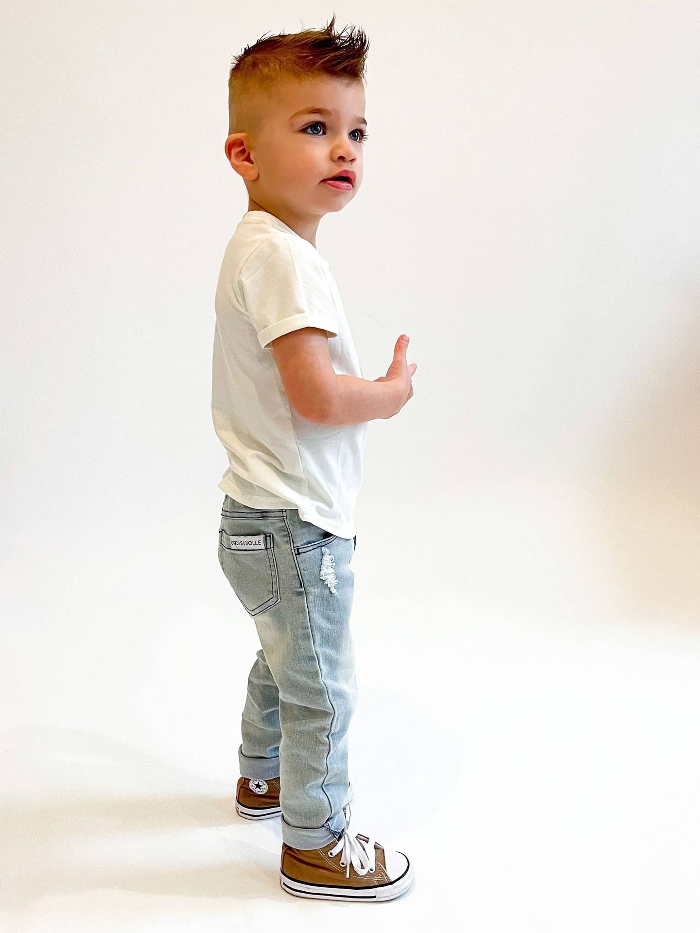 Model Wearing Orcas Lucille Stretch Denim - Slate Gray
