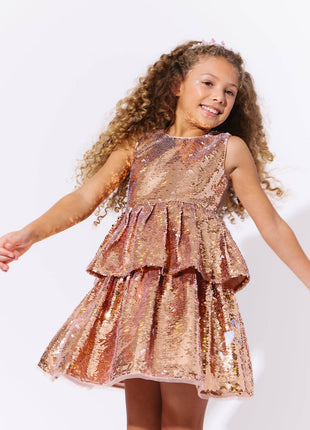 Model Wearing Lola And The Boys Golden Sequin Tier Dress