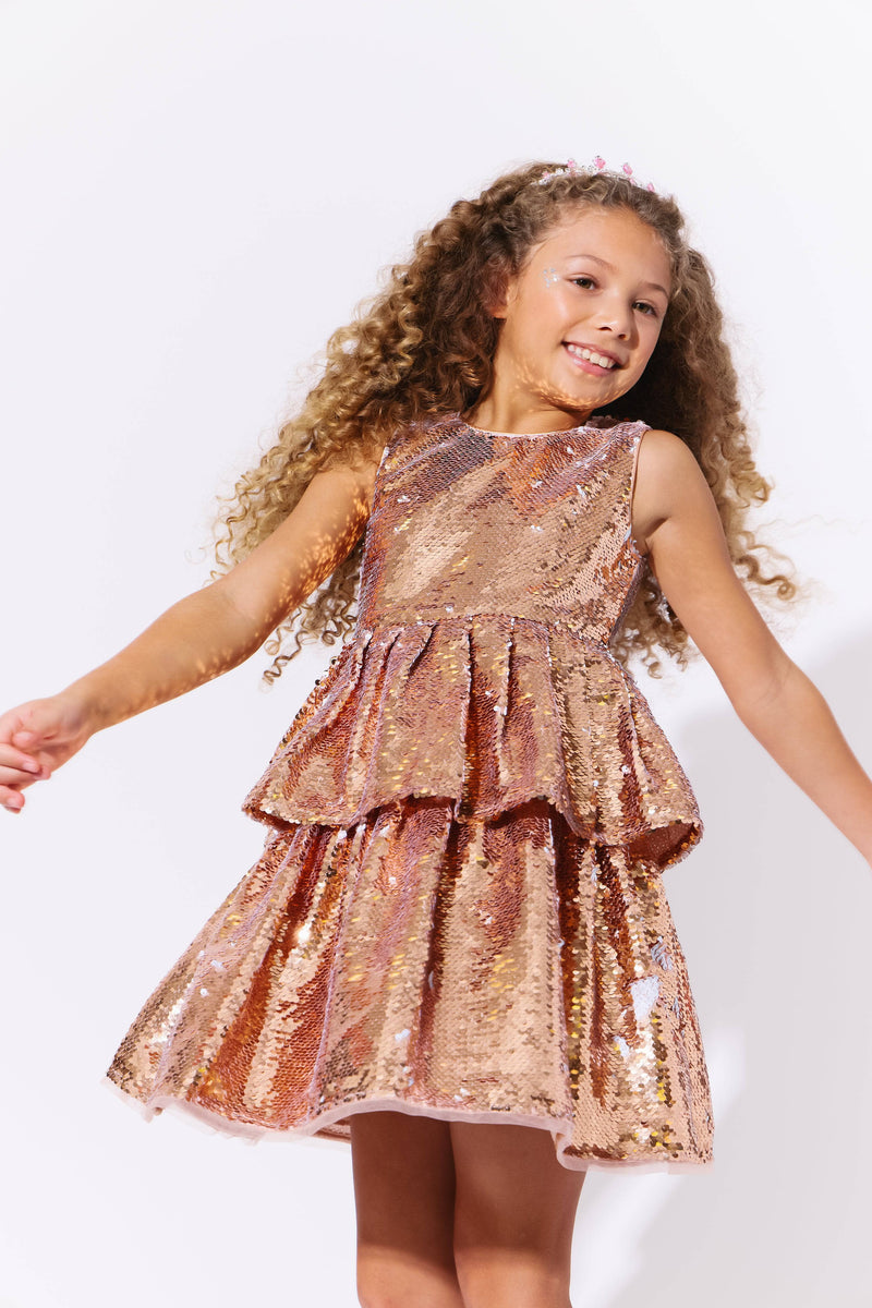 Model Wearing Lola And The Boys Golden Sequin Tier Dress