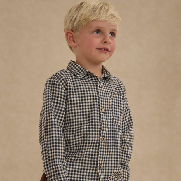 Model Wearing Rylee + Cru Collared Long Sleeve Shirt || Black Gingham
