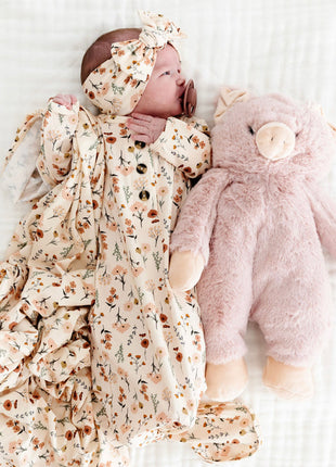 Model Wearing Lou Lou & Company Rachel Knotted Gown, Headband, and Swaddle Blanket