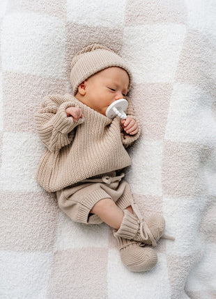 Model Wearing Knit Beanie - Tan