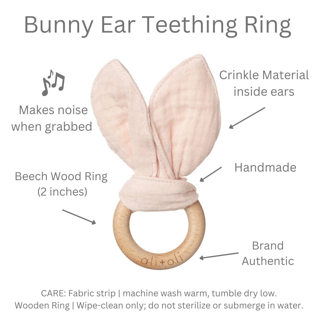 Ali + Oli Crinkle Bunny Ears Wooden Ring Teething Toy For Baby (Pink)