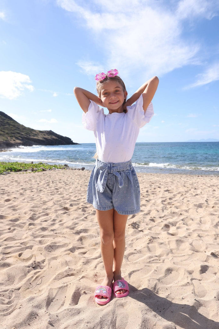 Model Wearing Lola And The Boys Sparkle Bow Denim Short