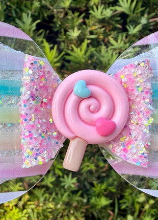 Little Lemons Glitter Lollipop Bow Pastel Rainbow Vegan Leather Hair Clip
