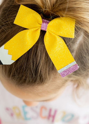Model Wearing Sweet Winks Preschool Pencil Bow Short Sleeve T-Shirt - Ballet & Pencil Bow Clip